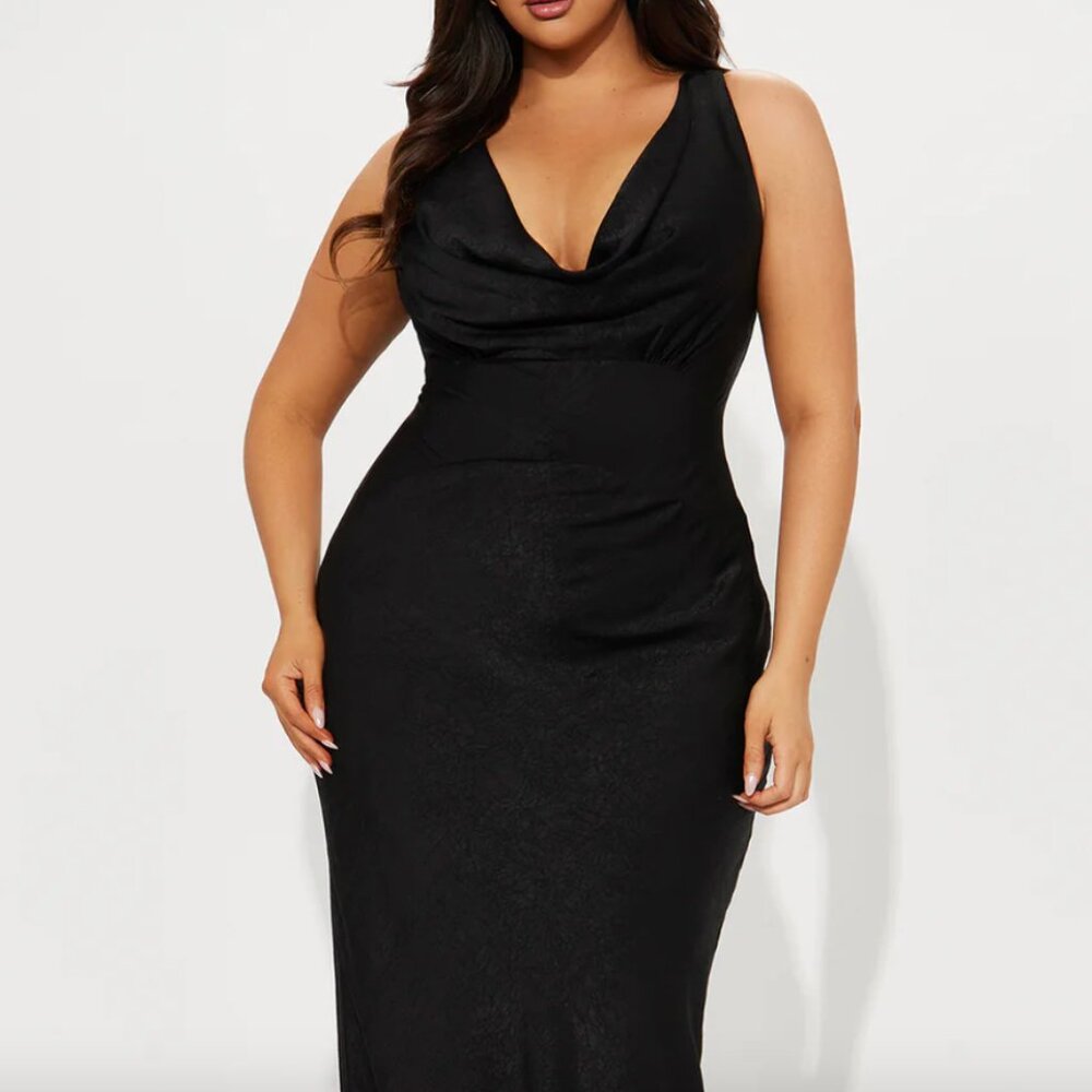 Fashion Nova Adele Cowl Back Satin Gown in Black low back